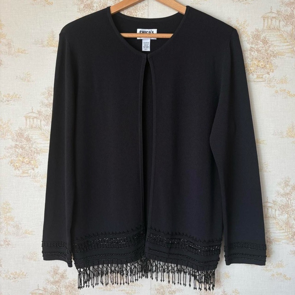 Vintage 90s Chico’s Design whimsigoth boho black beaded fringe cardigan sweater